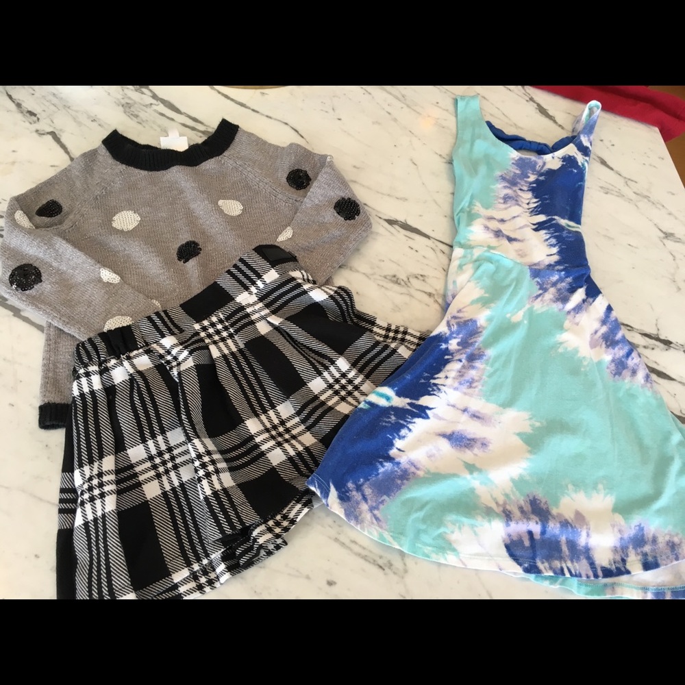 Justice dress, skirt, and sweater, size 7
